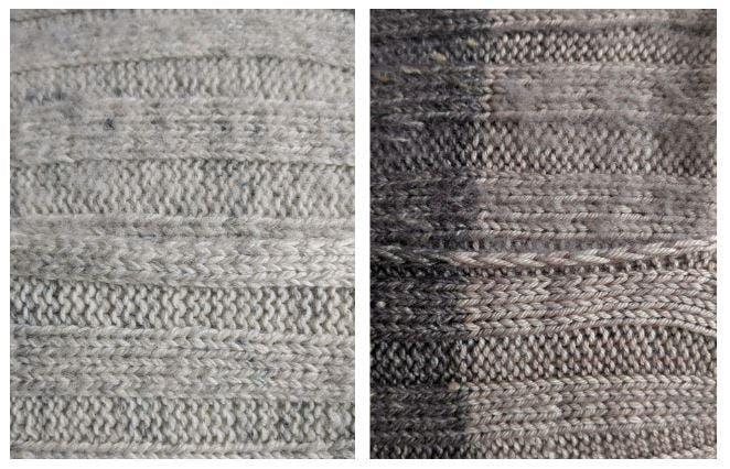 Side-by-side comparison of the scarf's ribbed fabric showing the brushed halo finish on the right versus the unbrushed texture on the left