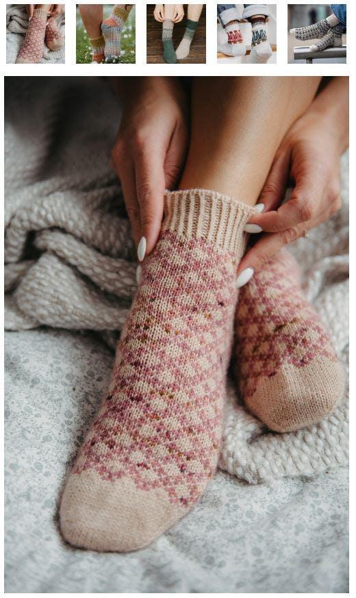 Collage of Zanete Knits sock patterns with a featured pair in cream with pink diamond colourwork