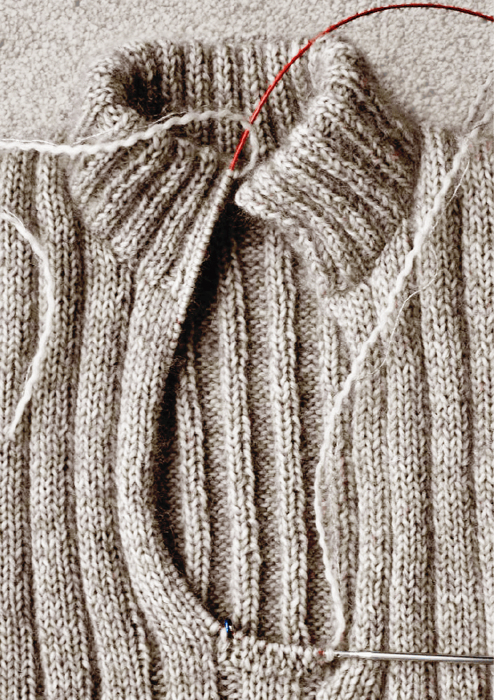 Double-knit button band for a knitted sweater