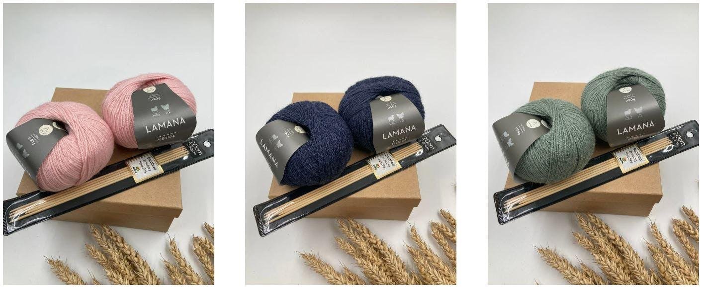 Three Wrap In Wool gift sets in pink, navy and sage Lamana yarn with bamboo needles on kraft boxes